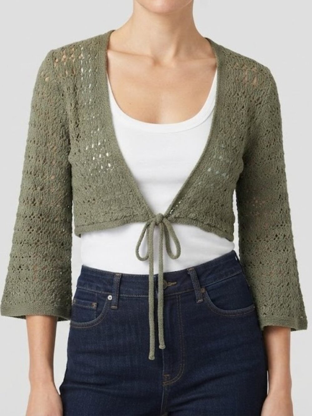 Olive Green Crochet Tie-Front Crop Cardigan